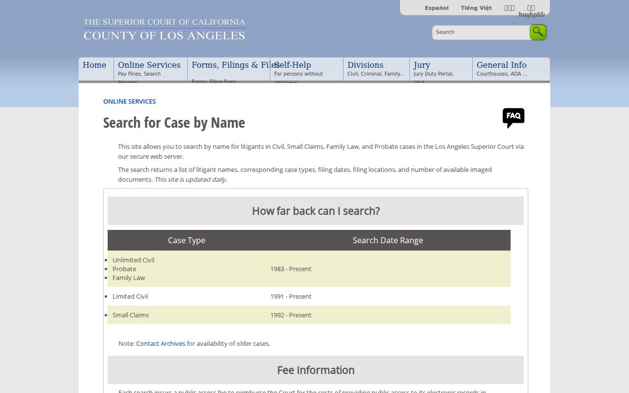 Whittier people search through the Los Angeles Superior Court name index