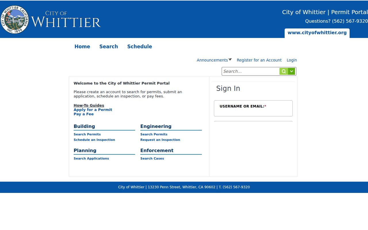 Whittier people search through the city Accela permit records portal