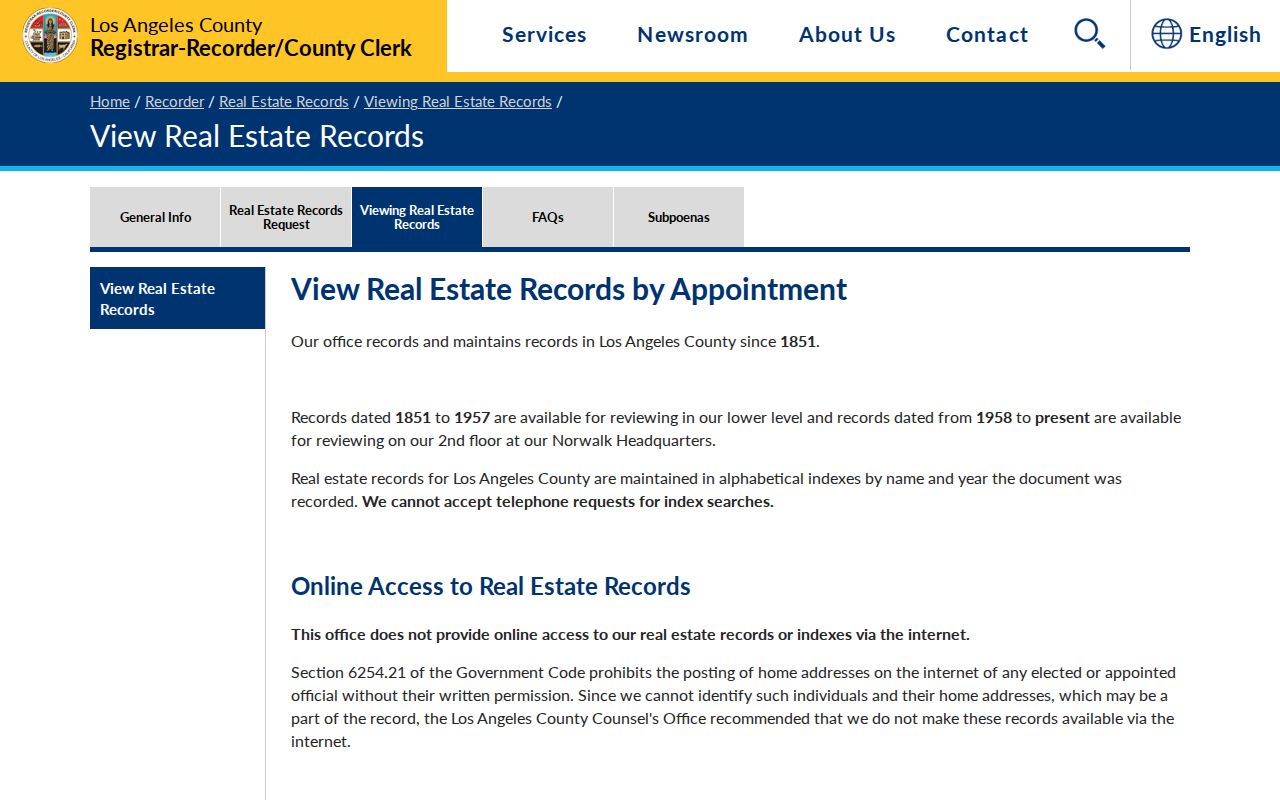 Whittier records rules for viewing Los Angeles County real estate indexes